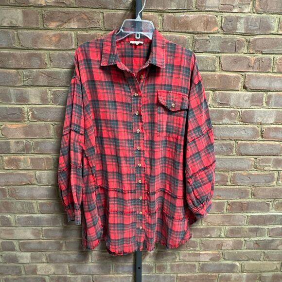 Easel Womens Mineral Wash Red Plaid Button Oversized Top Sz Medium - Picture 5 of 9